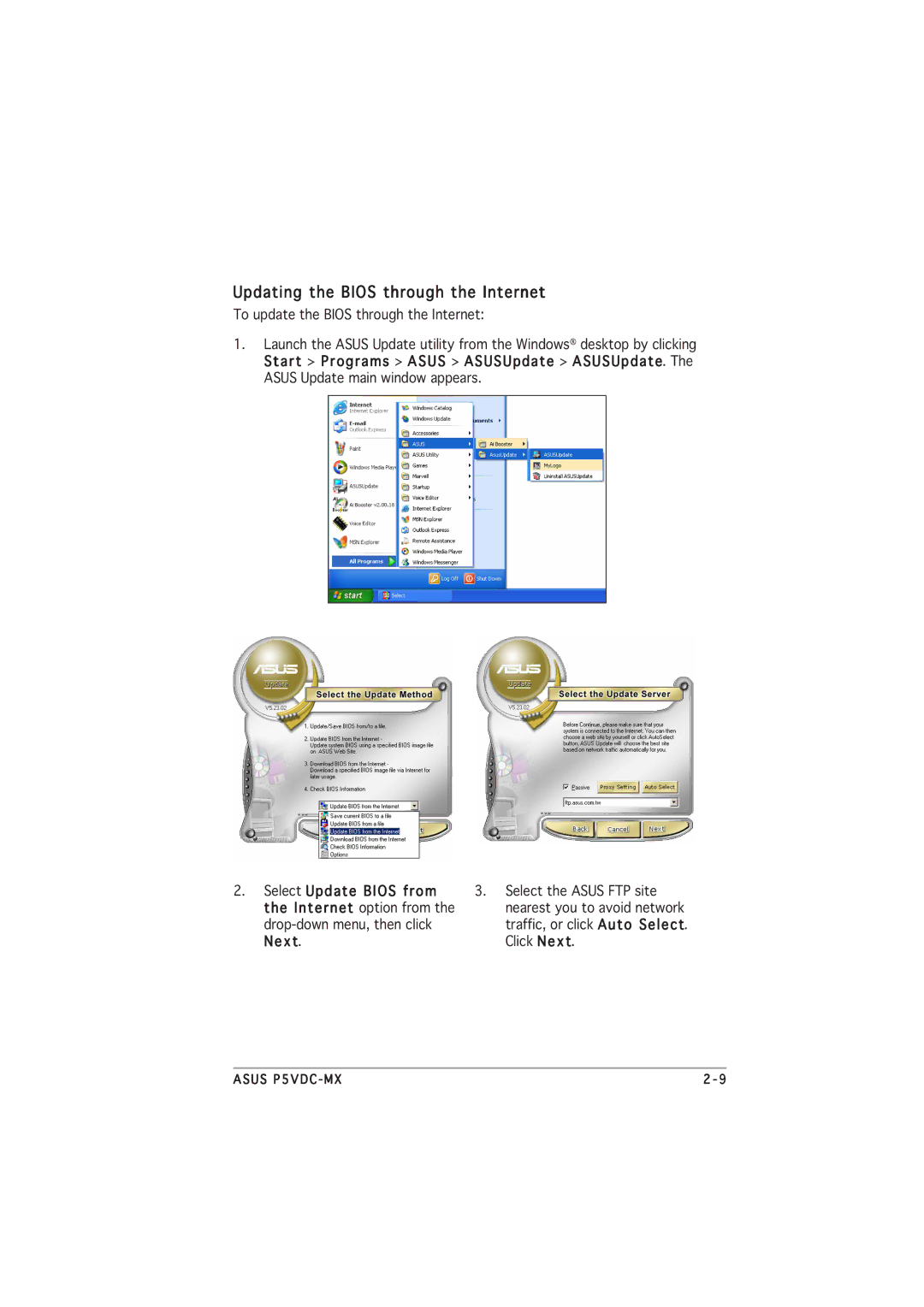 Asus P5VDC-MX manual Updating the Bios through the Internet 