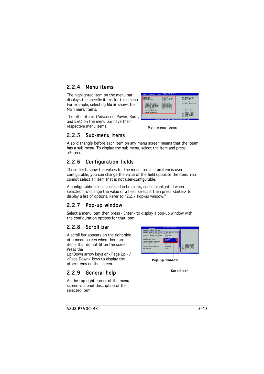 Asus P5VDC-MX manual Menu items, Sub-menu items, Configuration fields, Pop-up window, Scroll bar, General help 