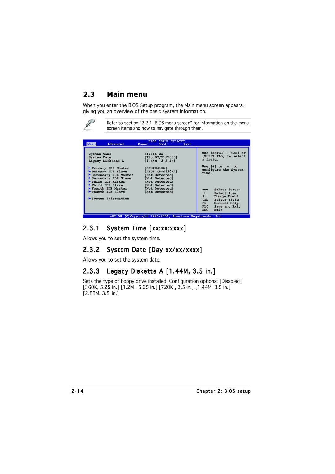 Asus P5VDC-MX manual Main menu, System Time, System Date Day xx/xx/xxxx, Legacy Diskette a 1.44M, 3.5 