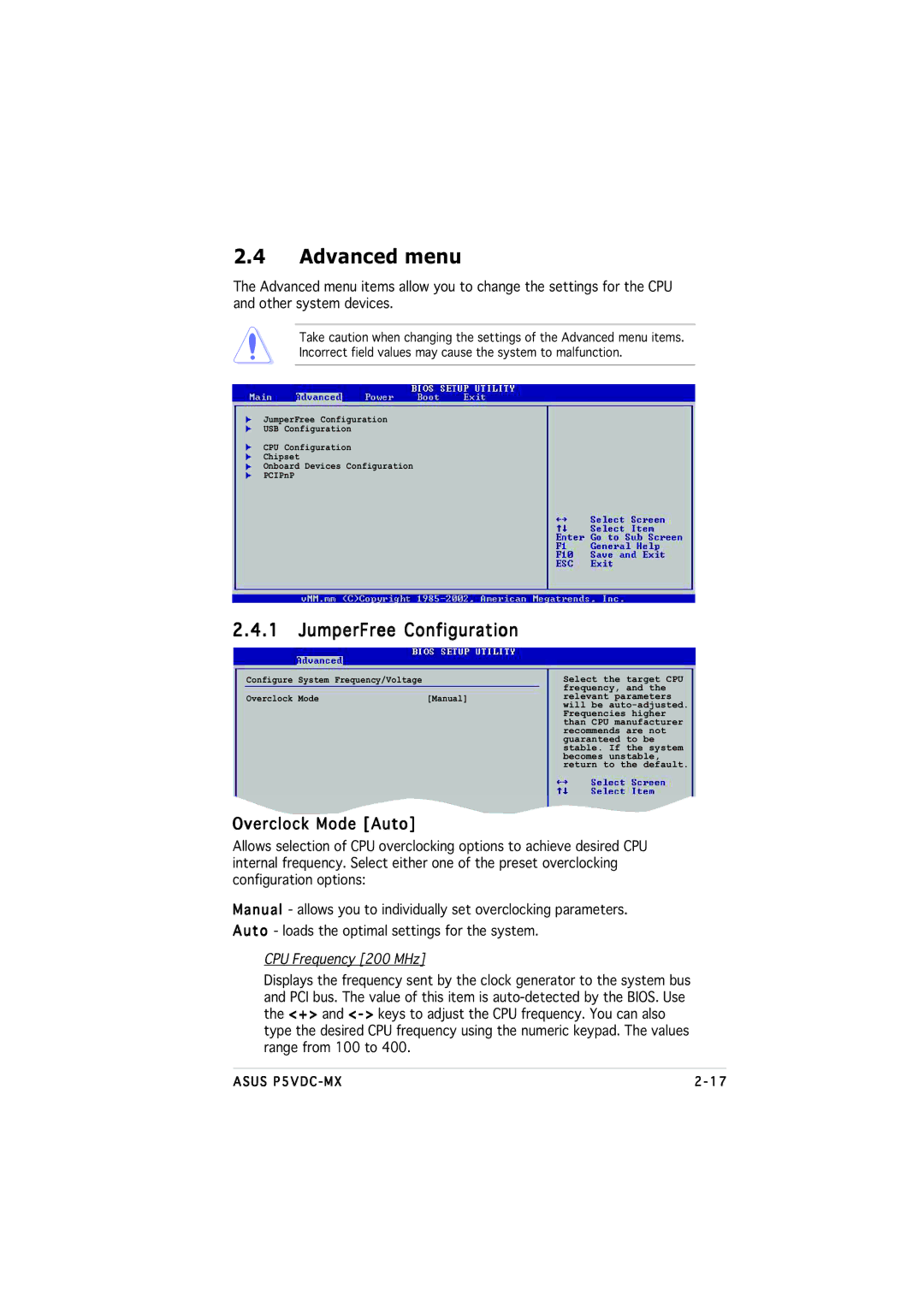 Asus P5VDC-MX manual Advanced menu, JumperFree Configuration, Overclock Mode Auto 