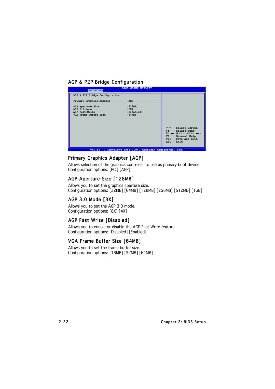 Asus P5VDC-MX manual AGP & P2P Bridge Configuration, Primary Graphics Adapter AGP, AGP Aperture Size 128MB, AGP 3.0 Mode 