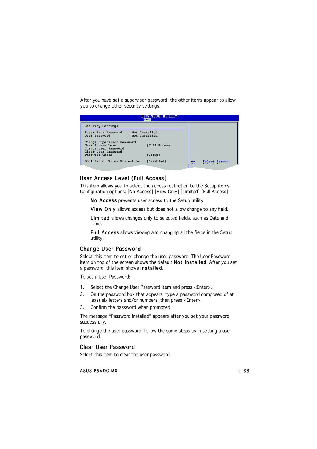 Asus P5VDC-MX manual User Access Level Full Access, Change User Password, Clear User Password 
