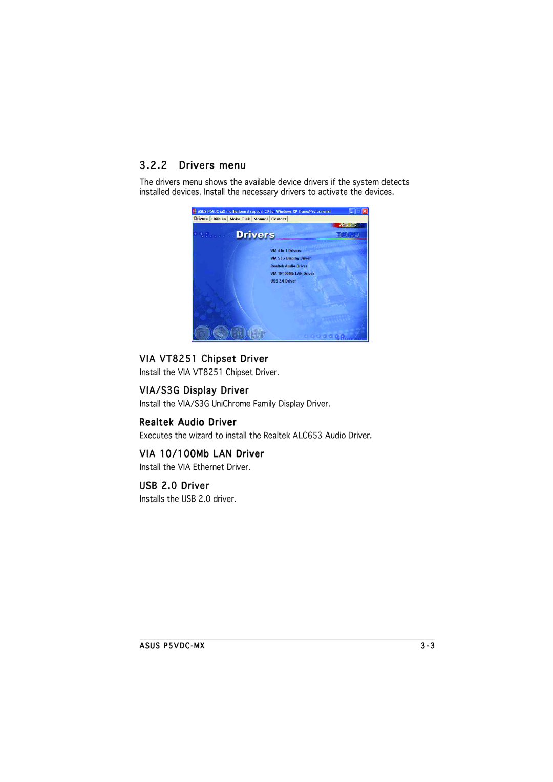 Asus P5VDC-MX manual Drivers menu 