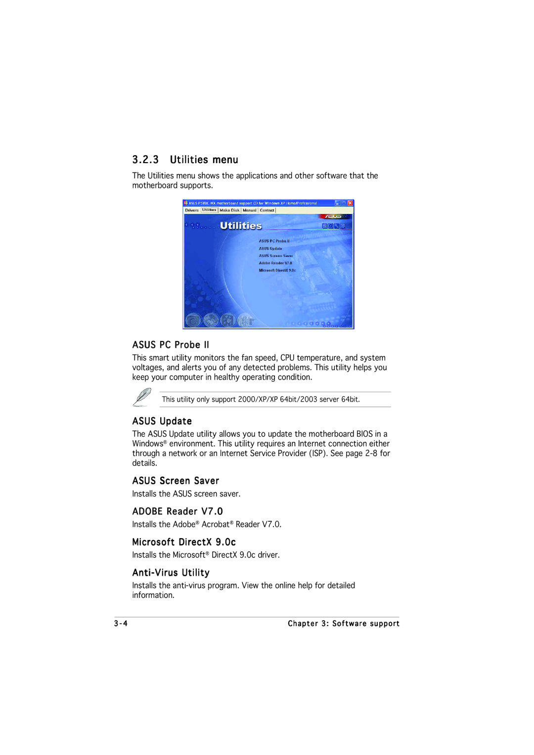 Asus P5VDC-MX manual Utilities menu 