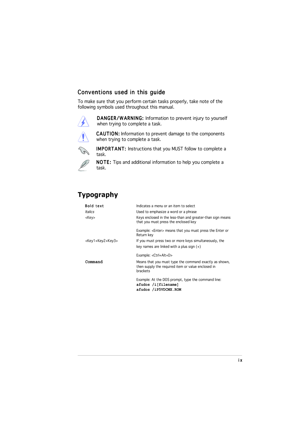 Asus P5VDC-MX manual Typography, Conventions used in this guide 