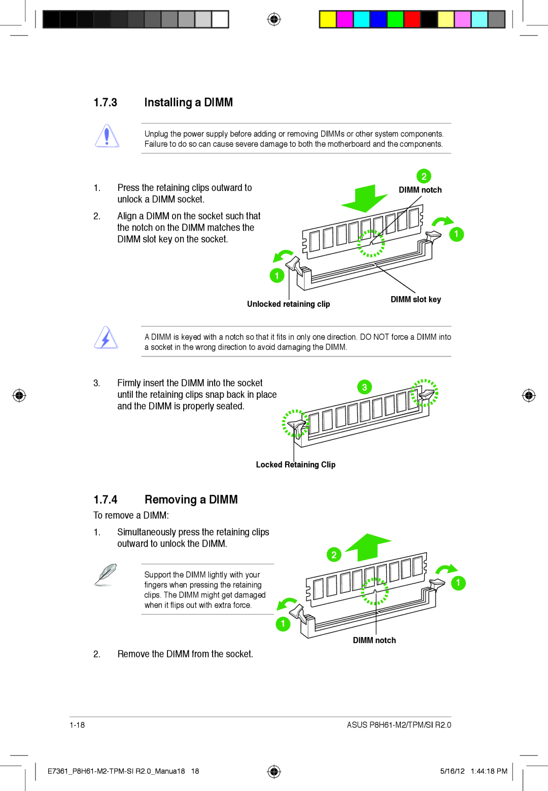 Asus si r2.0, P8H61-m2, tpm manual Installing a Dimm, Removing a Dimm, To remove a Dimm, Outward to unlock the Dimm 