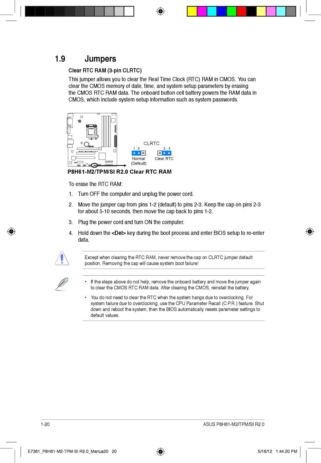 Asus P8H61-m2, si r2.0, tpm manual Jumpers, Clear RTC RAM 3-pin Clrtc 