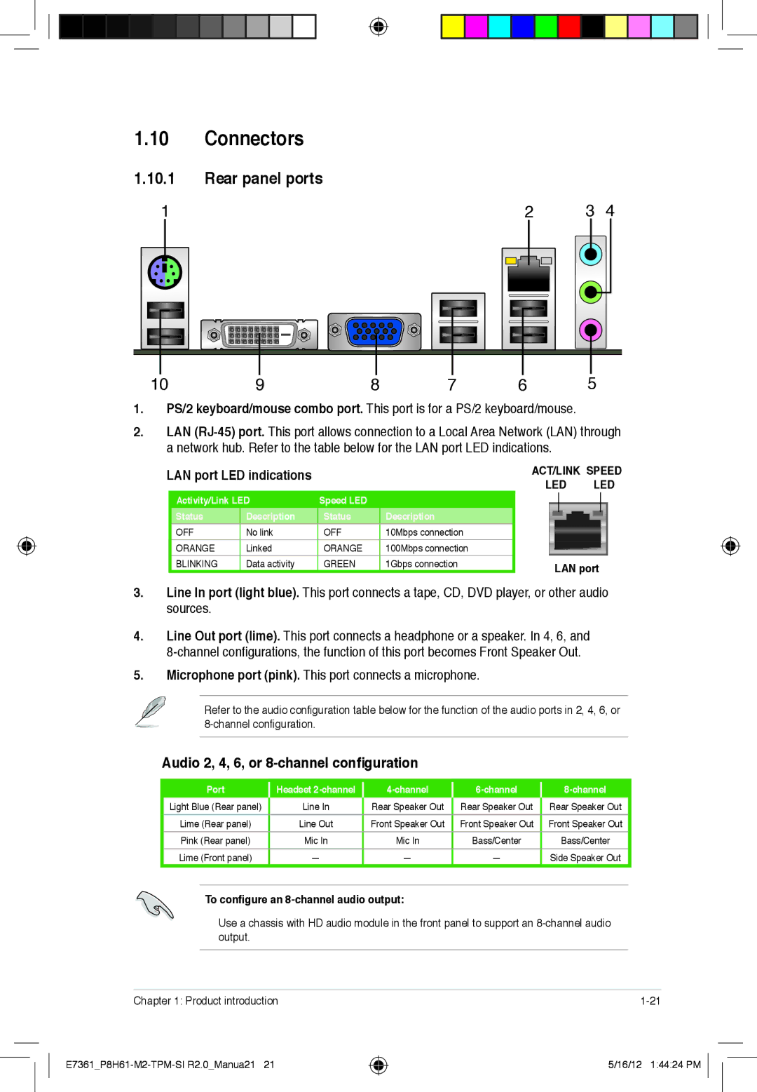 Asus si r2.0, P8H61-m2 Connectors, Rear panel ports, Audio 2, 4, 6, or 8-channel configuration, LAN port LED indications 