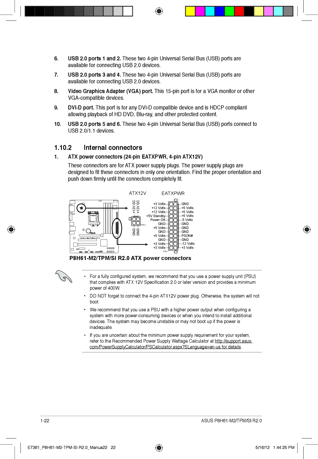 Asus tpm, P8H61-m2, si r2.0 manual Internal connectors, ATX power connectors 24-pin EATXPWR, 4-pin ATX12V 