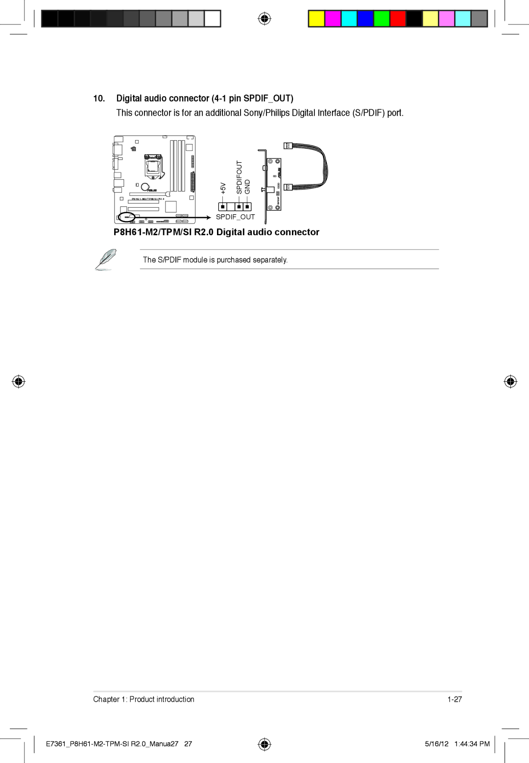 Asus si r2.0, P8H61-m2, tpm manual Digital audio connector 4-1 pin Spdifout, P8H61-M2/TPM/SI R2.0 Digital audio connector 