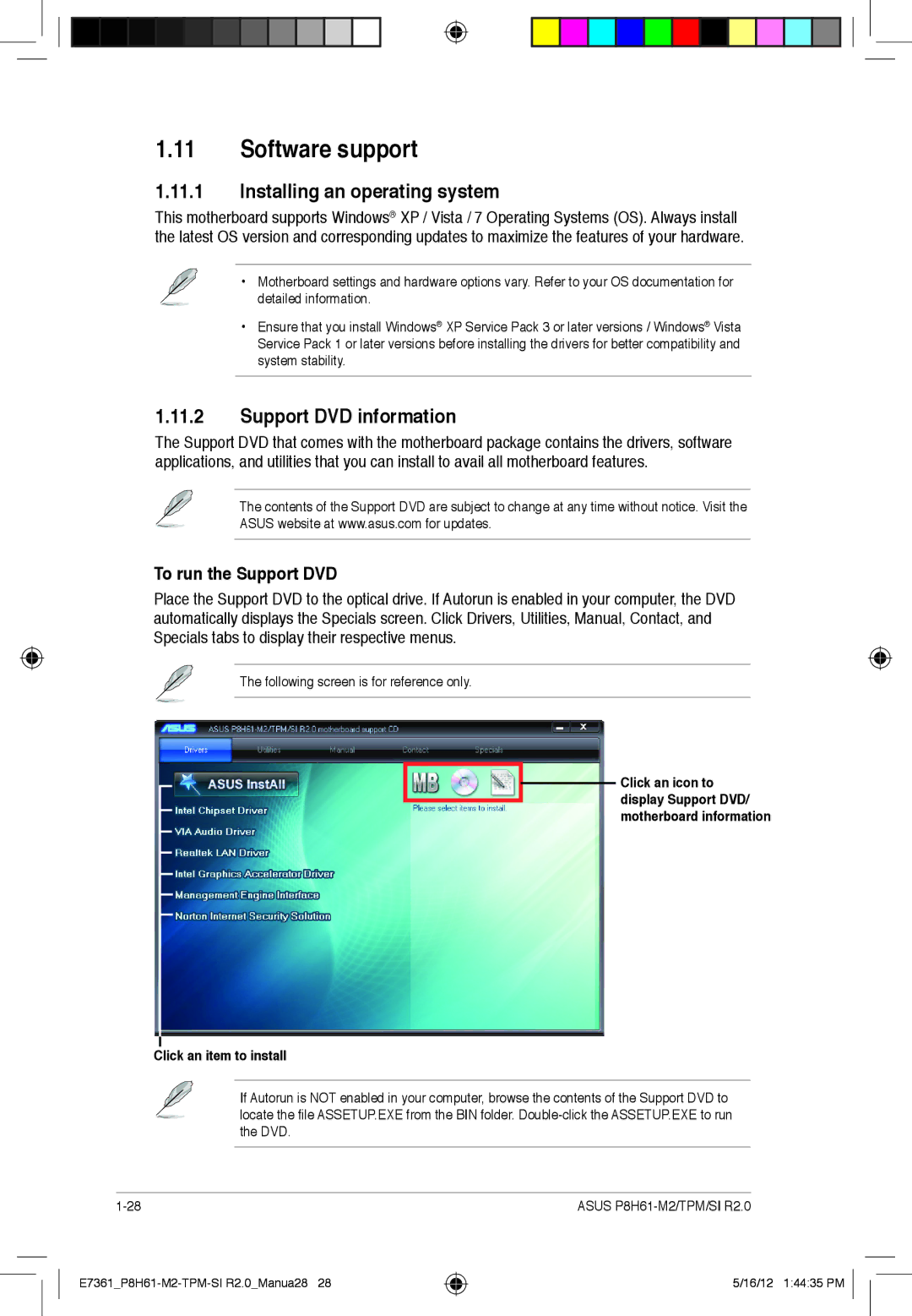 Asus tpm, P8H61-m2 manual Software support, Installing an operating system, Support DVD information, To run the Support DVD 