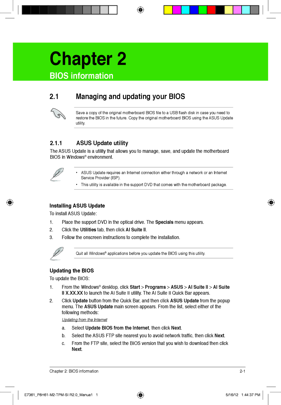 Asus P8H61-m2, si r2.0, tpm Managing and updating your Bios, Asus Update utility, Installing Asus Update, Updating the Bios 