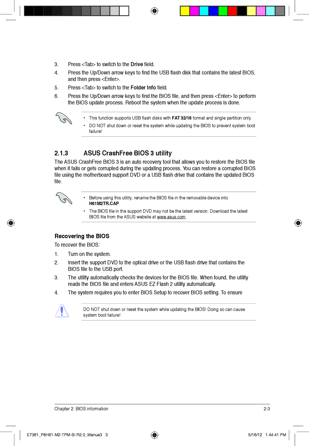 Asus tpm, P8H61-m2, si r2.0 manual Asus CrashFree Bios 3 utility, Recovering the Bios 