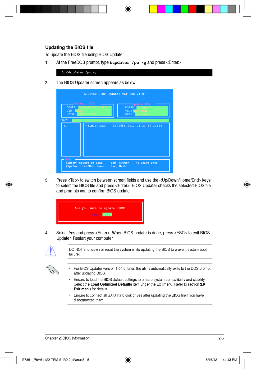 Asus si r2.0, P8H61-m2, tpm manual Updating the Bios file, Bios Updater screen appears as below 