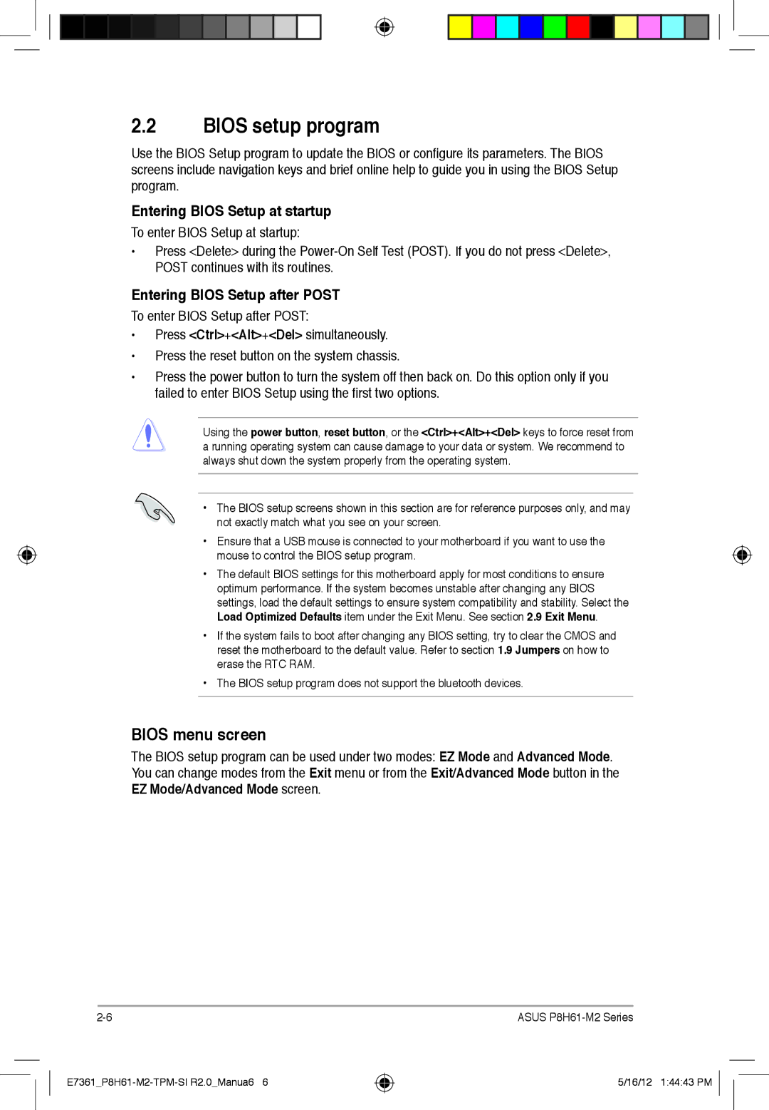 Asus tpm, P8H61-m2 Bios setup program, Bios menu screen, Entering Bios Setup at startup, Entering Bios Setup after Post 