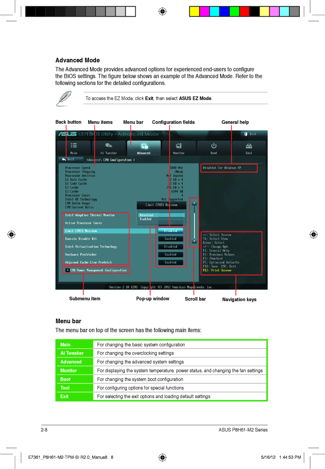 Asus si r2.0, P8H61-m2, tpm manual Advanced Mode, Menu bar on top of the screen has the following main items 