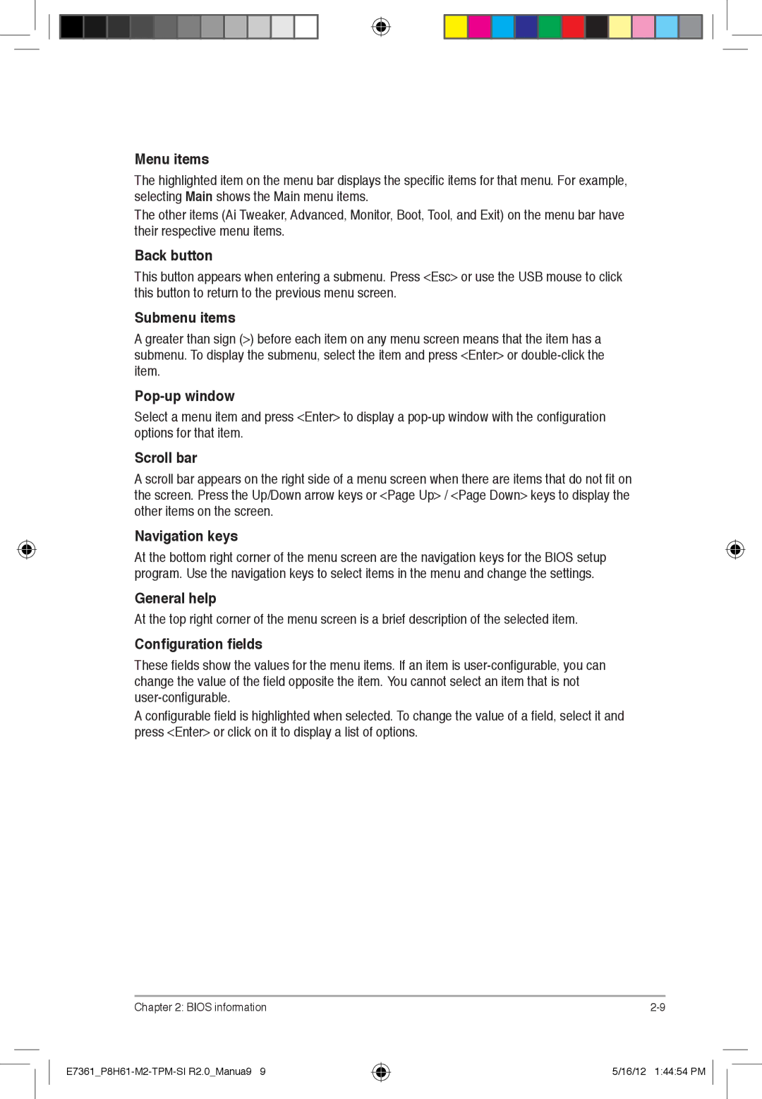 Asus tpm, P8H61-m2 manual Menu items, Back button, Submenu items, Pop-up window, Scroll bar, Navigation keys, General help 