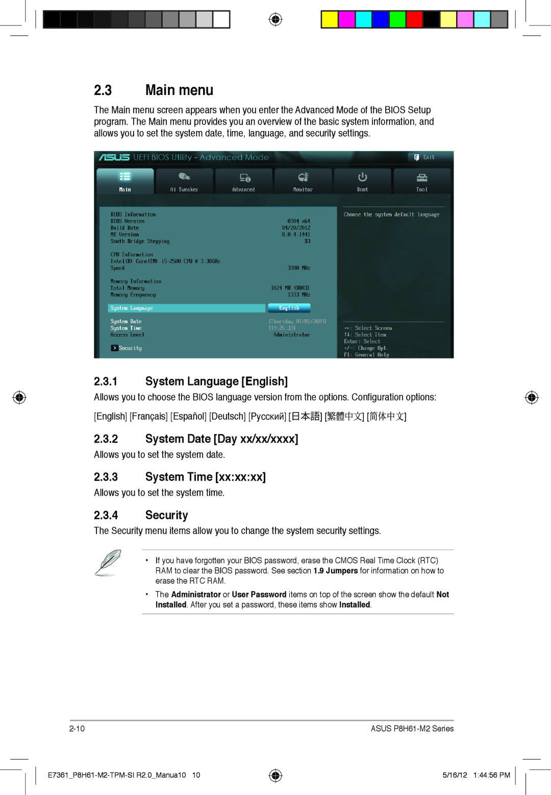 Asus P8H61-m2, si r2.0, tpm manual Main menu, System Language English, System Date Day xx/xx/xxxx, System Time, Security 