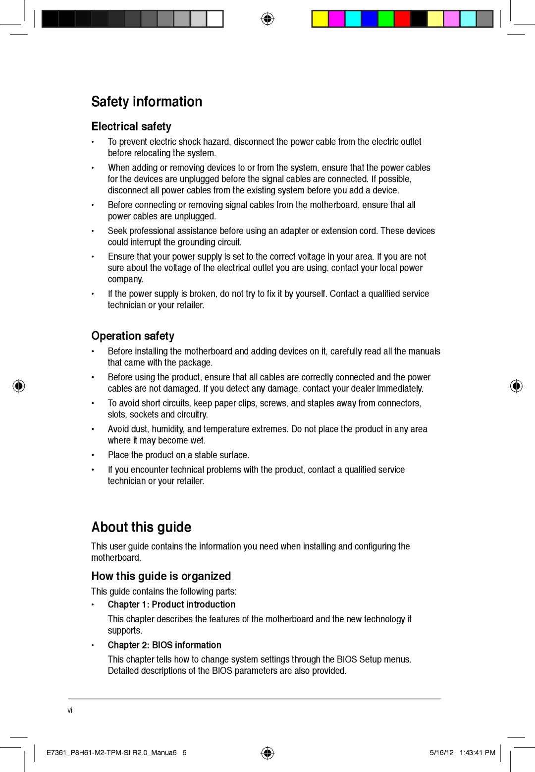 Asus P8H61-m2, tpm Safety information, About this guide, Electrical safety, Operation safety, How this guide is organized 