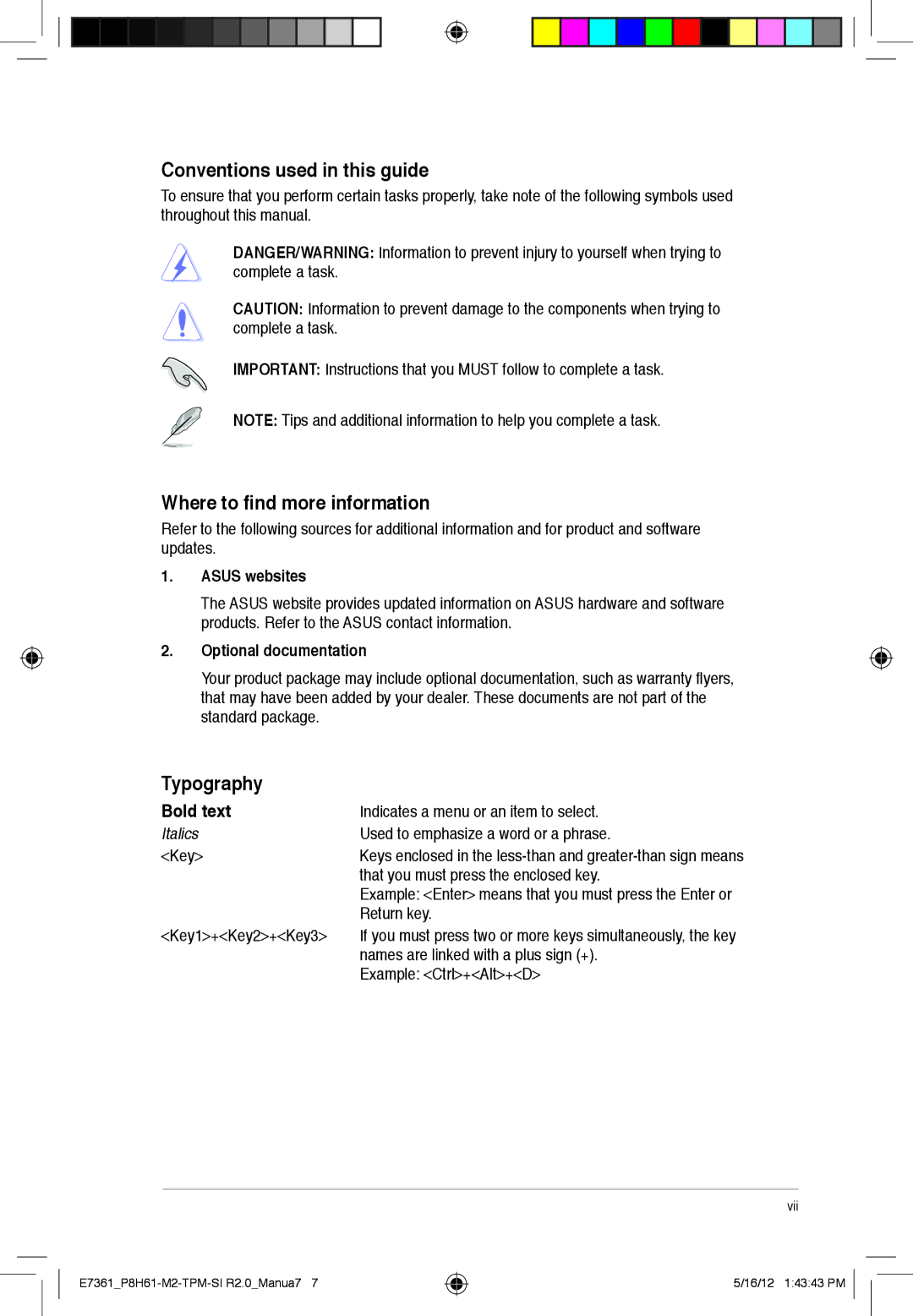 Asus si r2.0, P8H61-m2, tpm manual Conventions used in this guide, Where to find more information, Typography, Bold text 