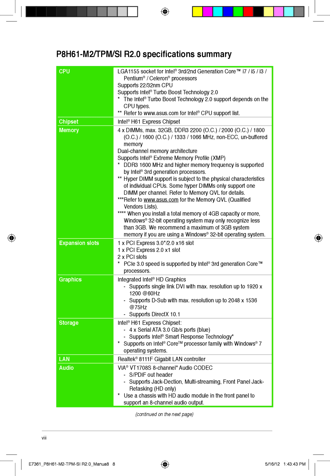 Asus tpm, P8H61-m2, si r2.0 manual P8H61-M2/TPM/SI R2.0 specifications summary 