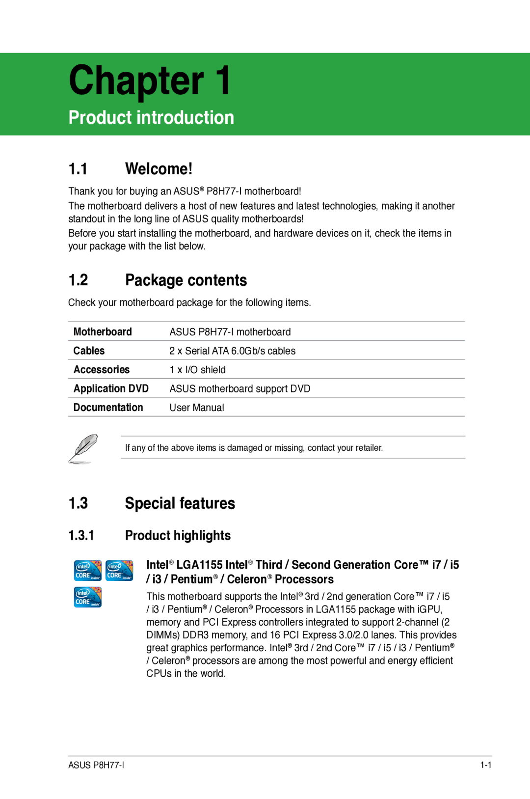 Asus P8H77I, P8H77-I manual Welcome, Package contents, Special features 