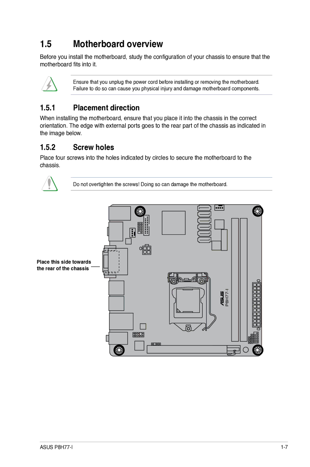 Asus P8H77I, P8H77-I manual Motherboard overview, Placement direction, Screw holes 