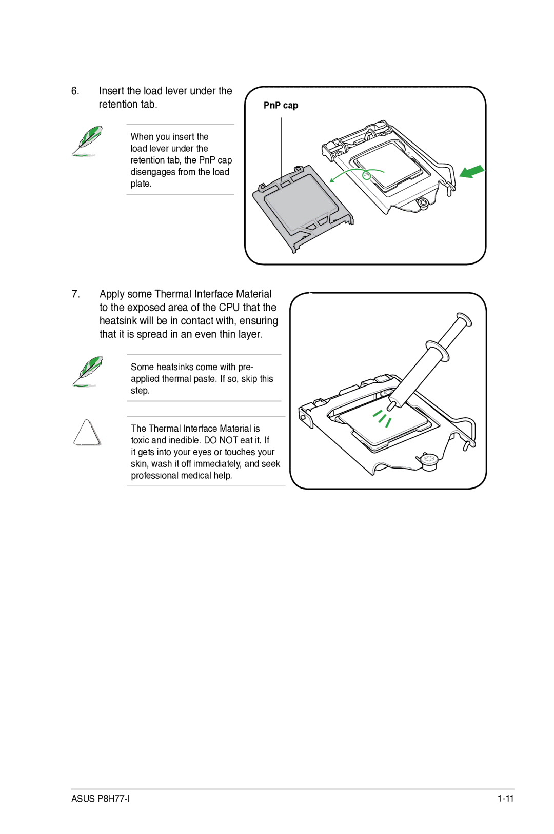 Asus P8H77I, P8H77-I manual Insert the load lever under, Retention tab 