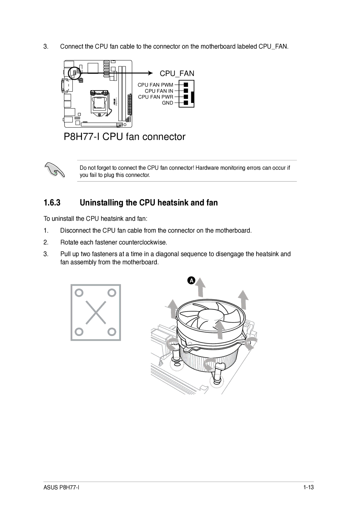 Asus P8H77I manual P8H77-I CPU fan connector, Uninstalling the CPU heatsink and fan 