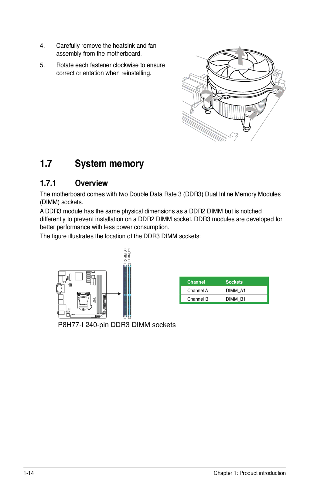 Asus P8H77I manual System memory, Overview, P8H77-I 240-pin DDR3 Dimm sockets 