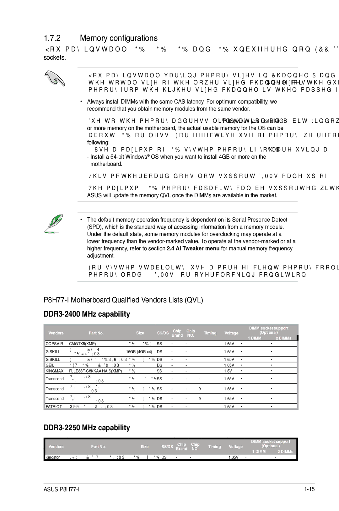 Asus P8H77I, P8H77-I manual Memory configurations, DDR3-2250 MHz capability 