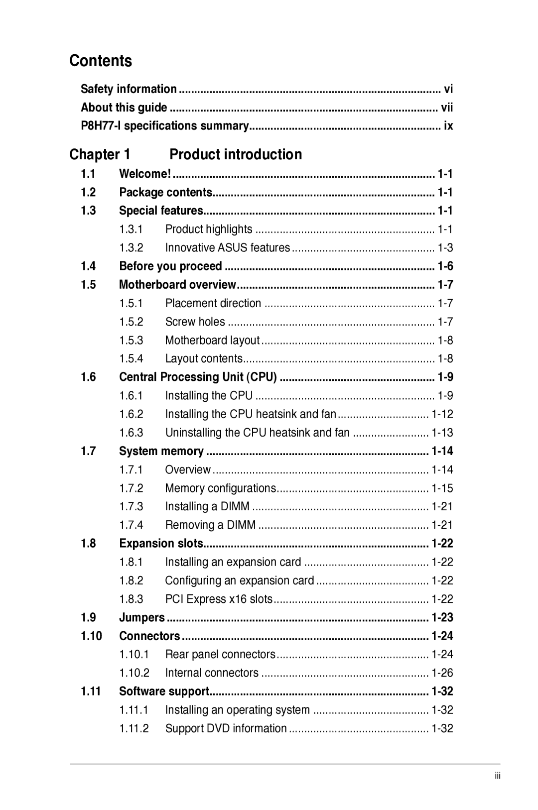 Asus P8H77I, P8H77-I manual Contents 