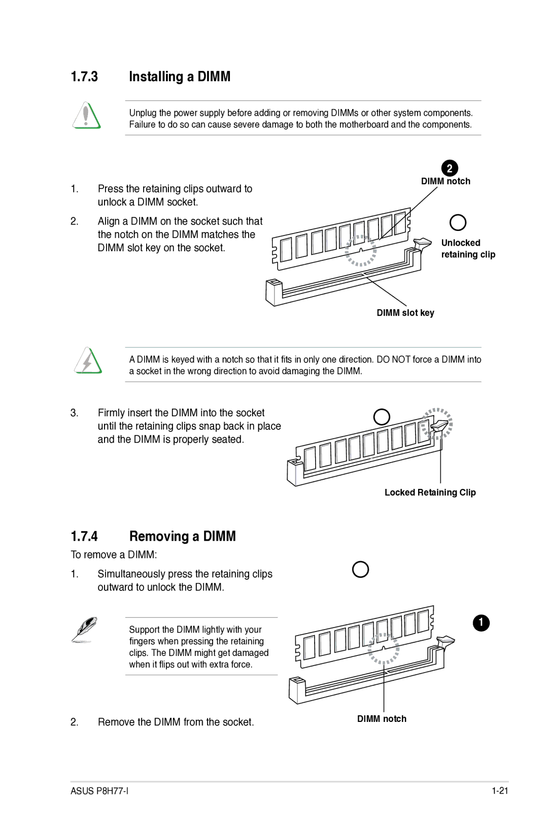 Asus P8H77I, P8H77-I manual Installing a Dimm, Removing a Dimm, Remove the Dimm from the socket 