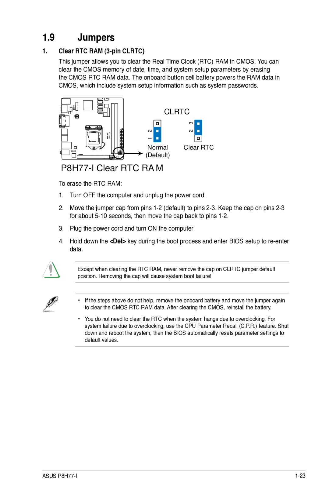 Asus P8H77I, P8H77-I manual Jumpers, Clear RTC RAM 3-pin Clrtc 