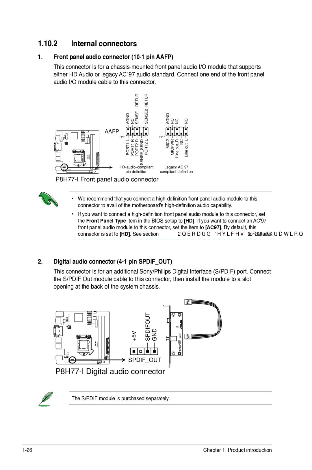 Asus P8H77I manual Internal connectors, P8H77-I Digital audio connector, Front panel audio connector 10-1 pin Aafp 