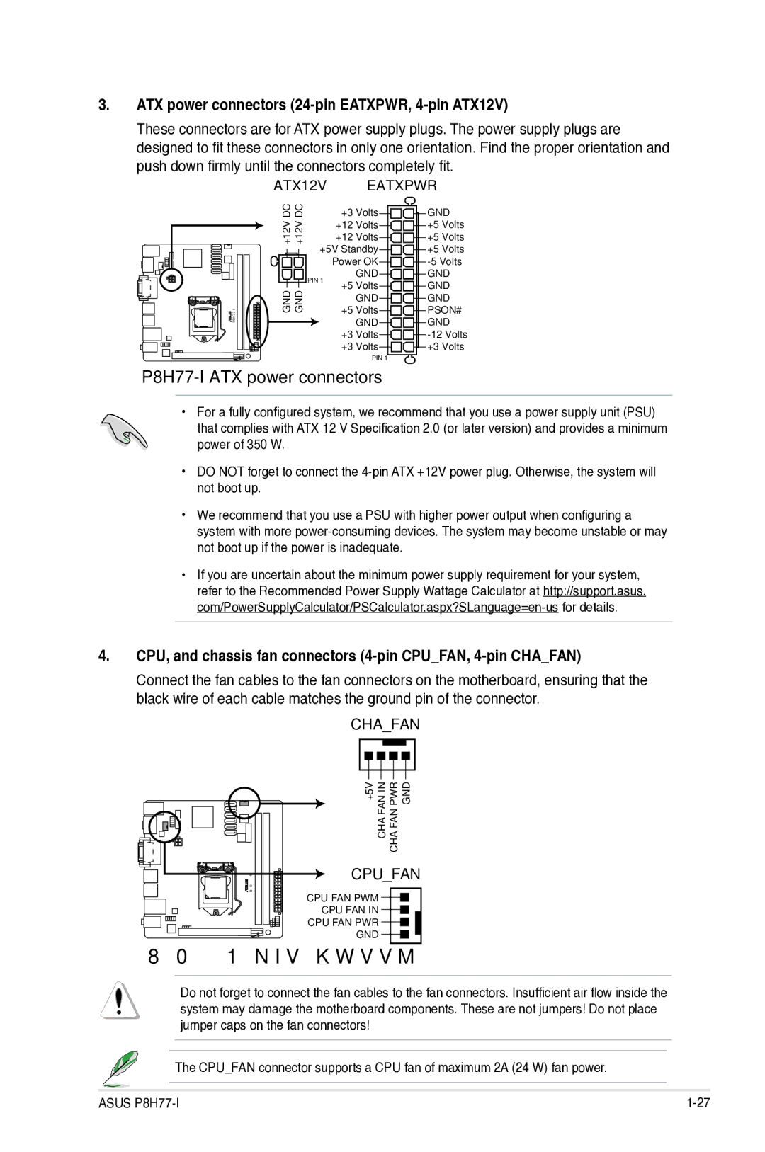 Asus P8H77I manual P8H77-I ATX power connectors, ATX power connectors 24-pin EATXPWR, 4-pin ATX12V 