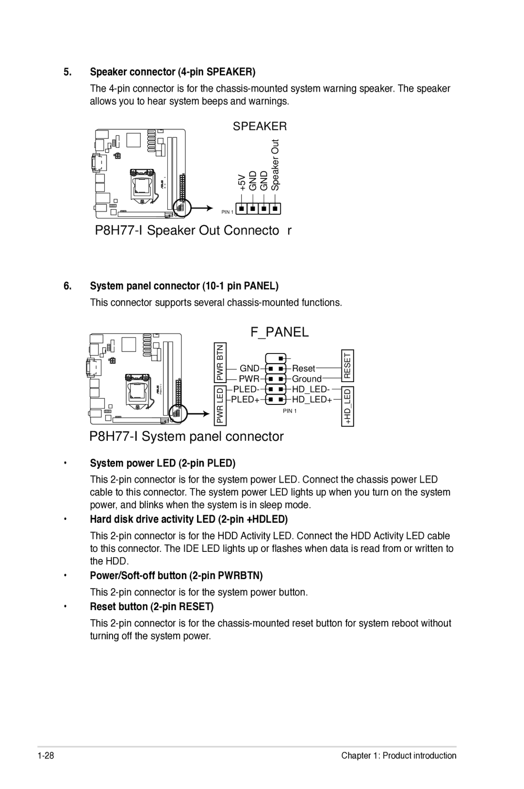 Asus P8H77I manual P8H77-ISpeaker Out Connector, P8H77-I System panel connector 