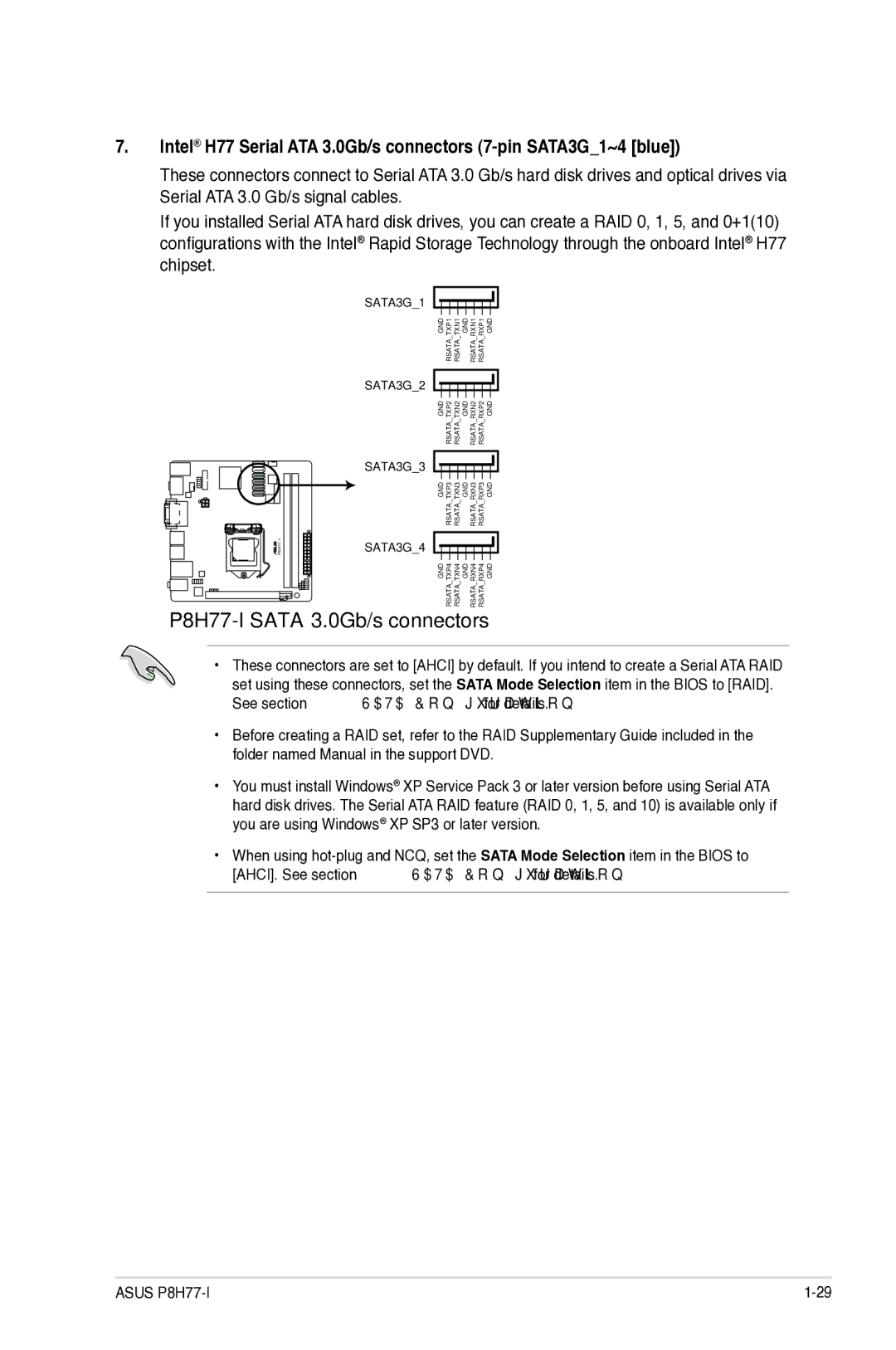 Asus P8H77I manual P8H77-I Sata 3.0Gb/s connectors, See .5.3 Sata Configuration for details 