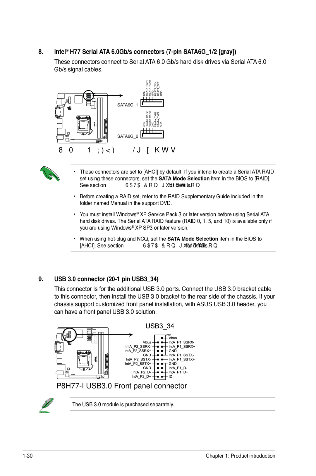 Asus P8H77I manual P8H77-I USB3.0 Front panel connector, USB 3.0 connector 20-1 pin USB334 