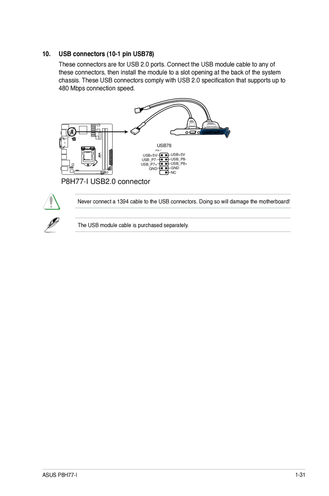 Asus P8H77I manual P8H77-I USB2.0 connector, USB connectors 10-1 pin USB78 