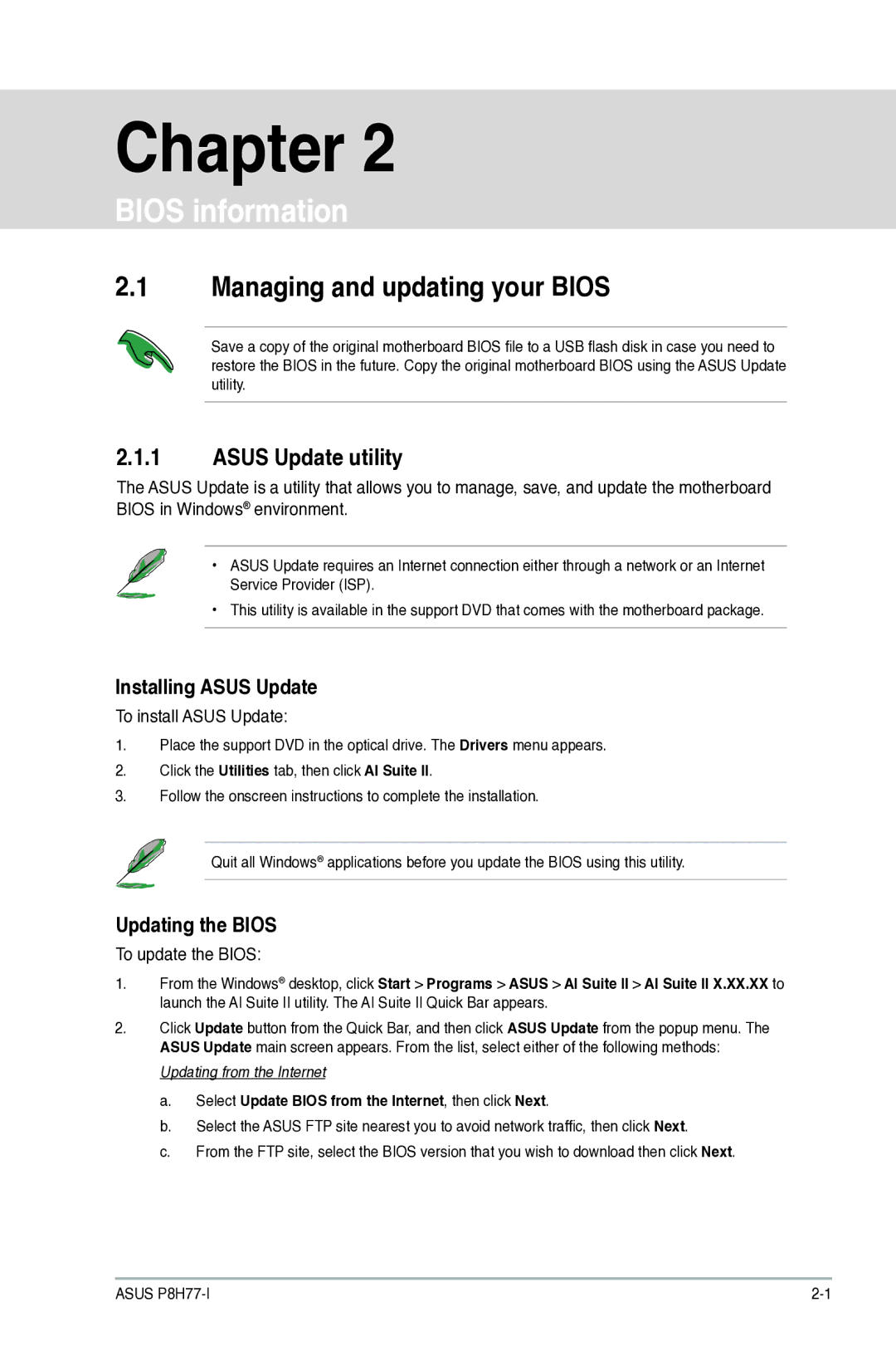 Asus P8H77I, P8H77-I manual Managing and updating your Bios, Asus Update utility, Installing Asus Update, Updating the Bios 