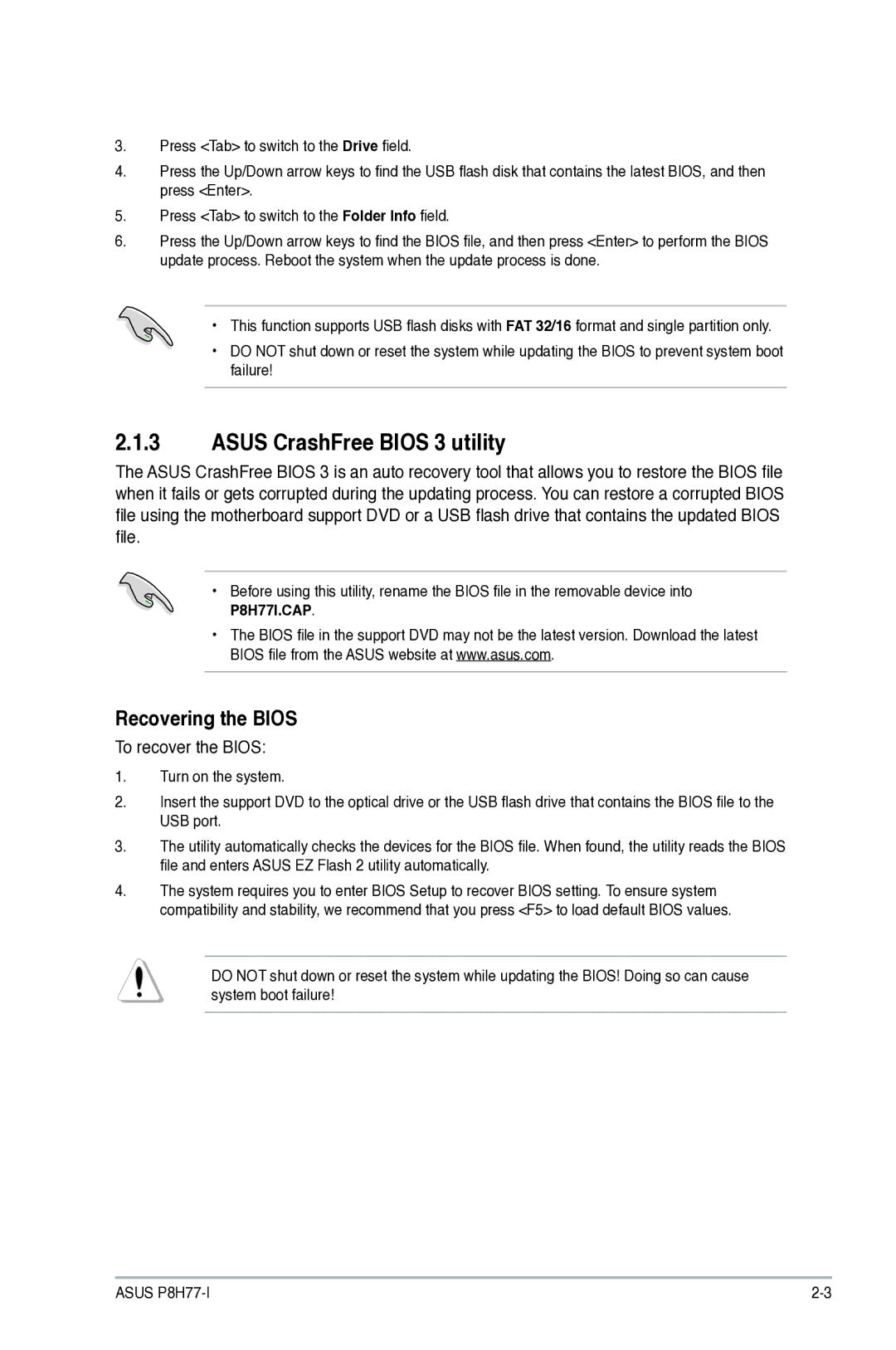 Asus P8H77I, P8H77-I manual Asus CrashFree Bios 3 utility, Recovering the Bios, To recover the Bios 