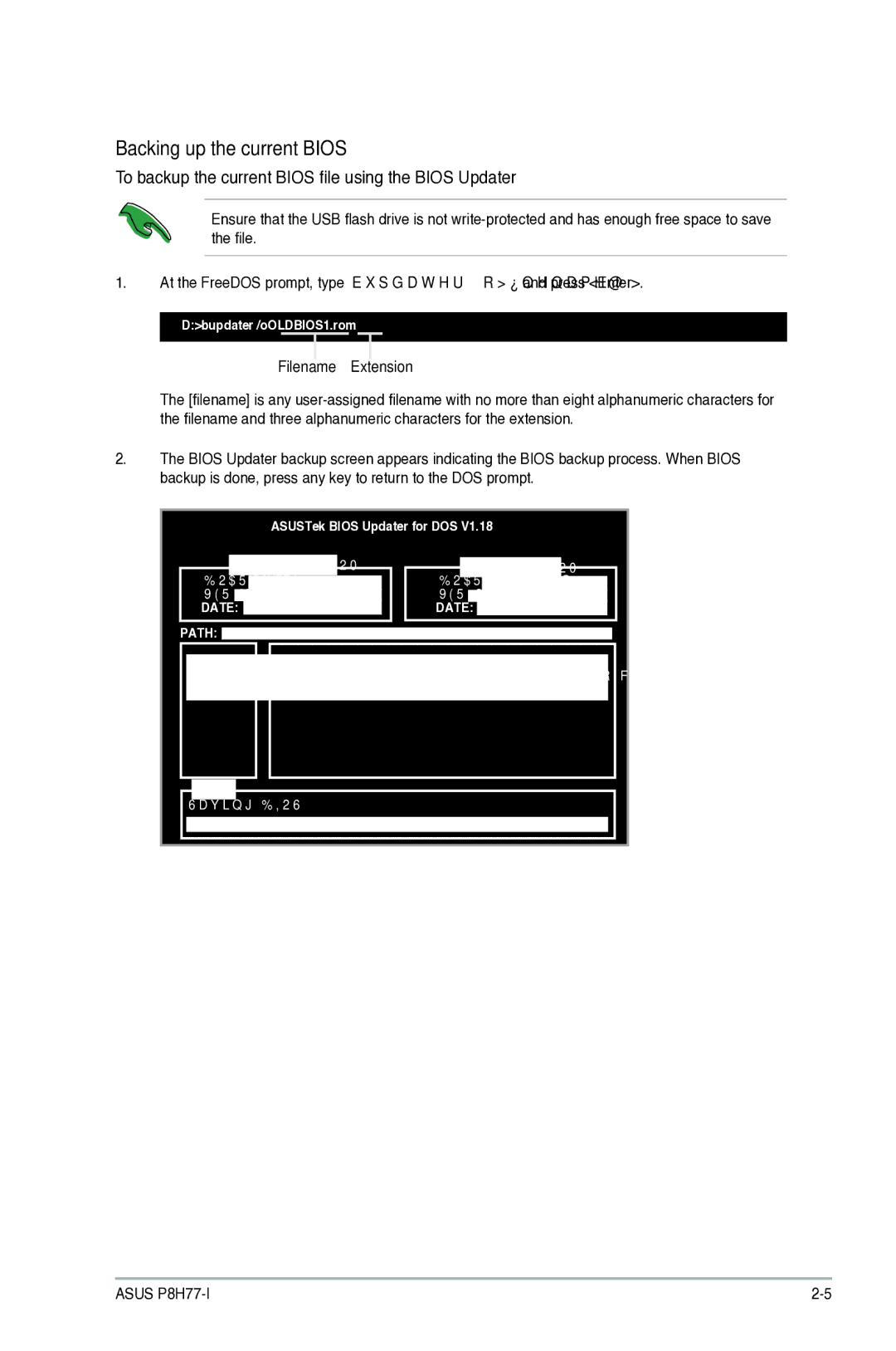 Asus P8H77I manual Backing up the current Bios, To backup the current Bios file using the Bios Updater, Filename Extension 