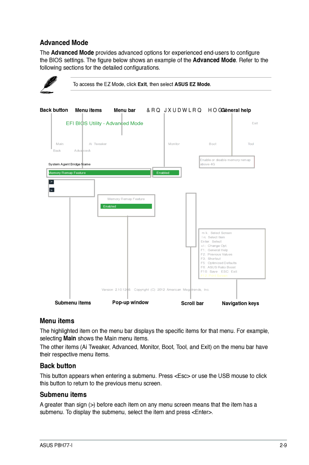 Asus P8H77I, P8H77-I manual Advanced Mode, Menu items, Back button, Submenu items Pop-up window Scroll bar 