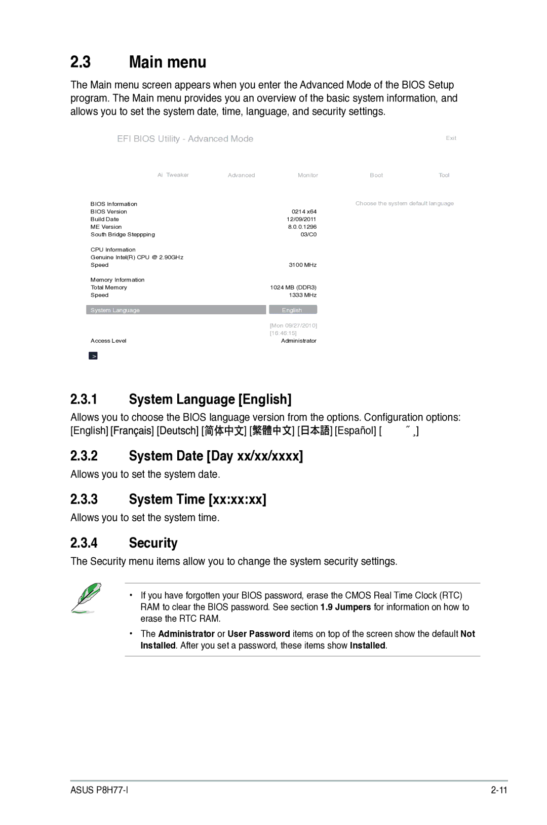 Asus P8H77I, P8H77-I manual Main menu, System Language English, System Date Day xx/xx/xxxx, System Time, Security 