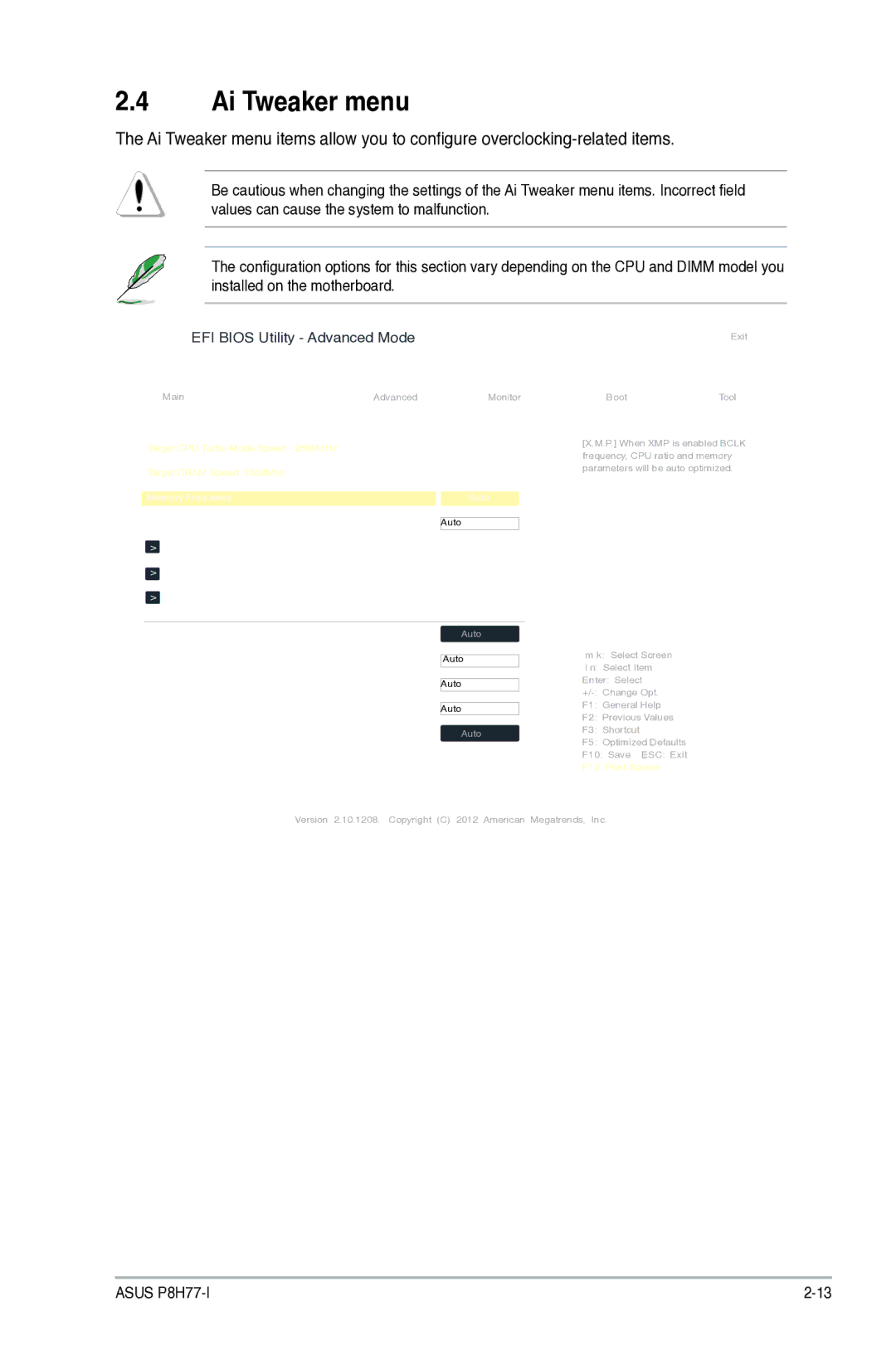 Asus P8H77I, P8H77-I manual Ai Tweaker menu 