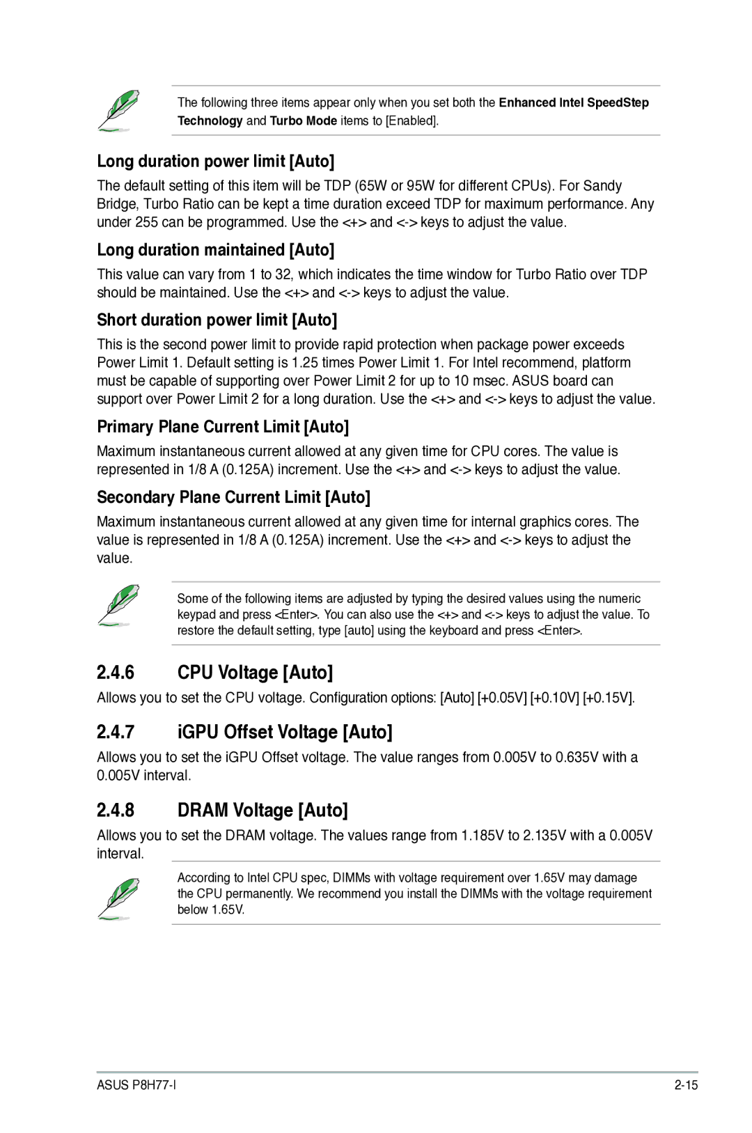 Asus P8H77I, P8H77-I manual CPU Voltage Auto, IGPU Offset Voltage Auto, Dram Voltage Auto 