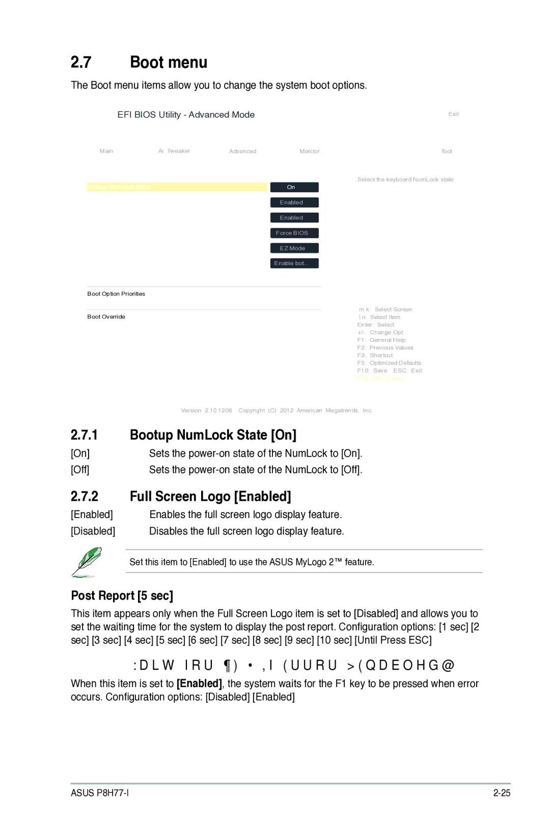 Asus P8H77I, P8H77-I manual Boot menu, Bootup NumLock State On, Full Screen Logo Enabled, Wait for ‘F1’ If Error Enabled 