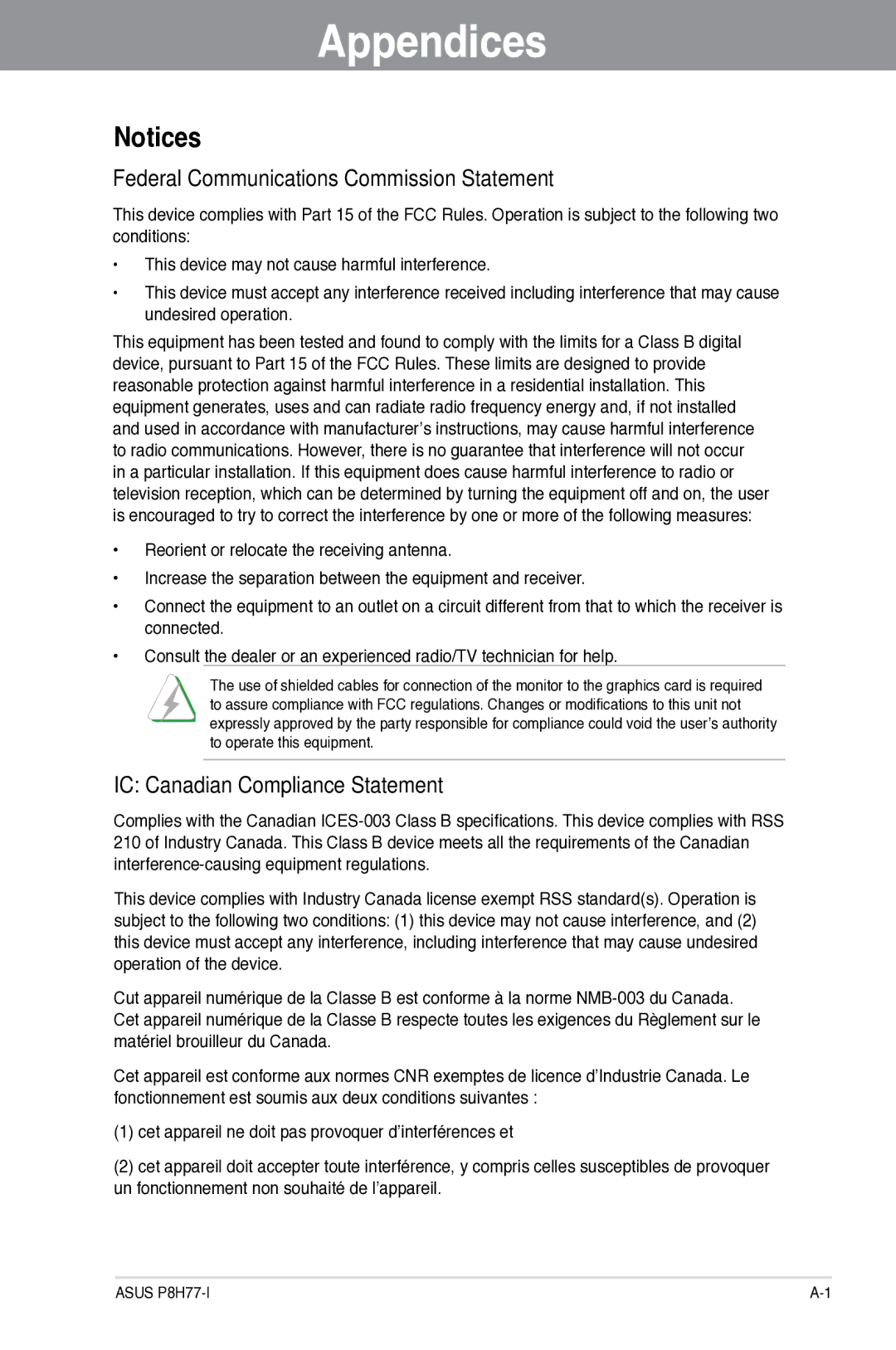 Asus P8H77I, P8H77-I manual Federal Communications Commission Statement, IC Canadian Compliance Statement 