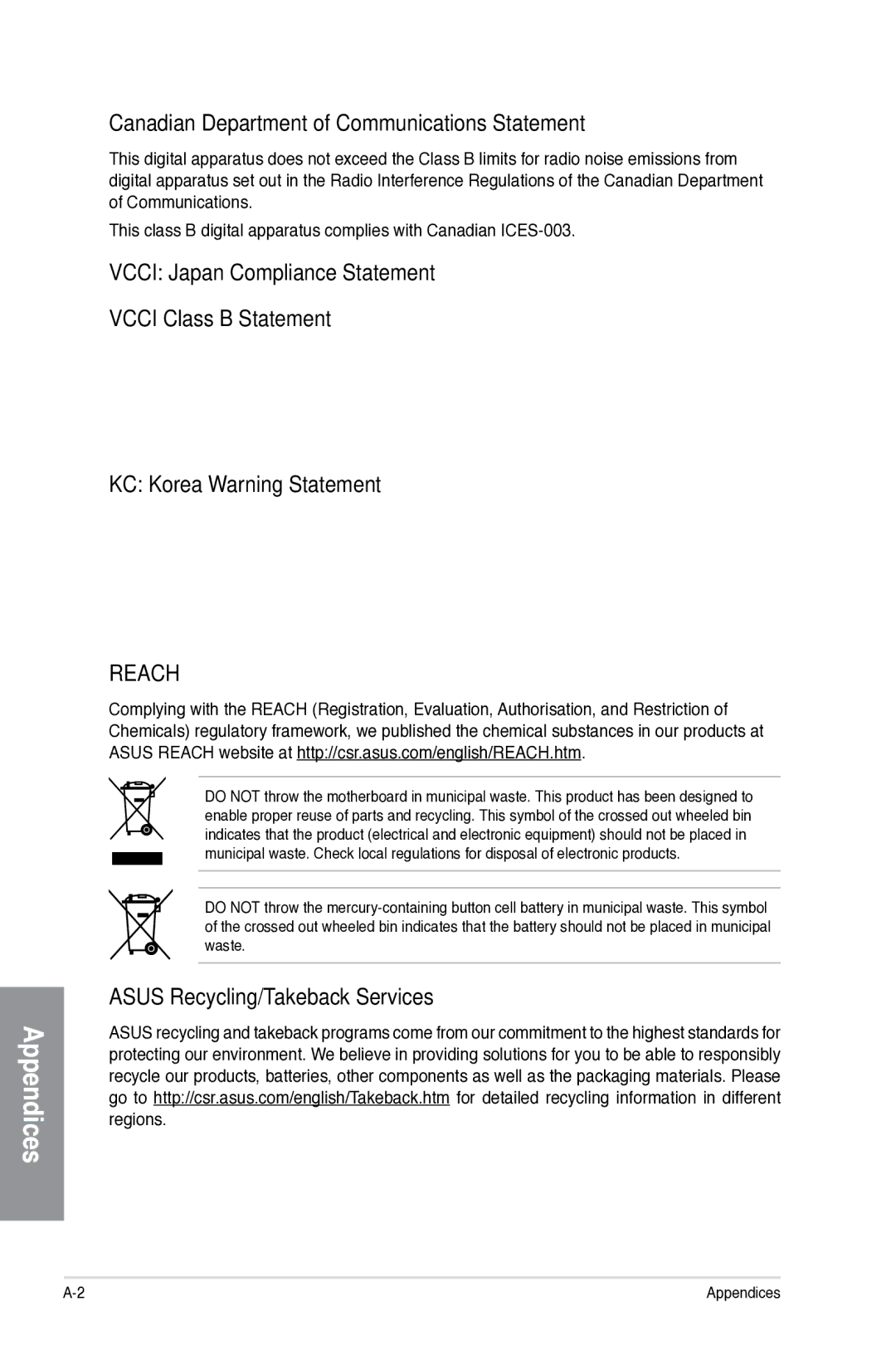 Asus P8H77-I, P8H77I manual Canadian Department of Communications Statement, Asus Recycling/Takeback Services 